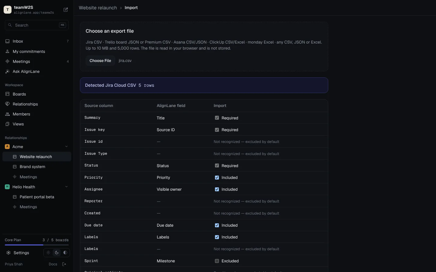 Import mapping preview for a Jira CSV: each source column mapped to an AlignLane field, with unknown columns excluded by default
